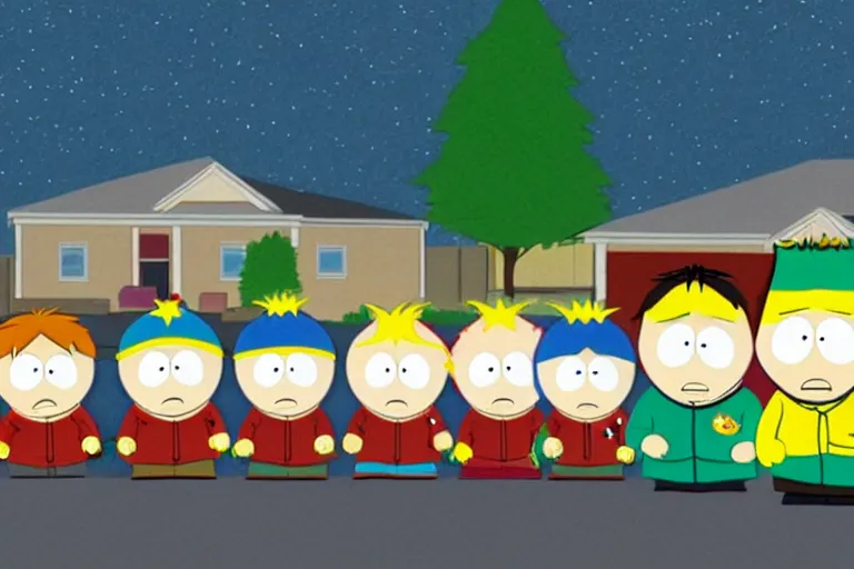 Prompt: south park kids as simpson character, pack shot, tv frame, house in background,