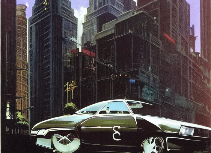 Prompt: a sedan car in a city. style by frank frazetta, peter elson, and eyvind earle.