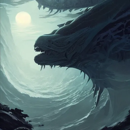 Prompt: sea monster shape like a ship in the deep dark sea, intricate complexity, by greg rutkowski, artgerm, ross tran, conrad roset, takato yomamoto, ilya kuvshinov. 4 k, beautiful, cinematic dramatic atmosphere