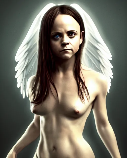 Image similar to Full body potrait of christina Ricci as an angel, hyper realistic, prismatic highlights, atmosphere, gorgeous, depth of field, cinematic, macro, concept art, 50mm, artstation, wlop, elegant, epic, weta digital, focus, octane render, v-ray, 8k, kodak portra, art by Liberatore