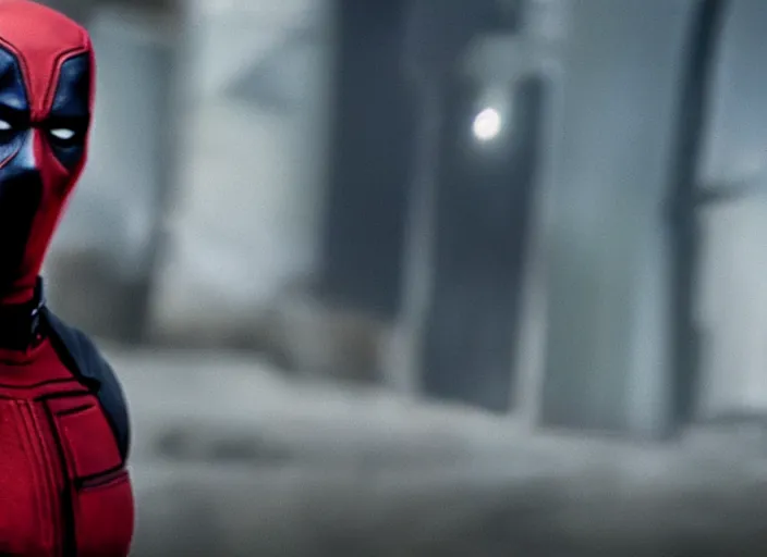 Prompt: film still of deadpool as superman in the new superman movie, 4 k, highly detailed face, detailed eyes