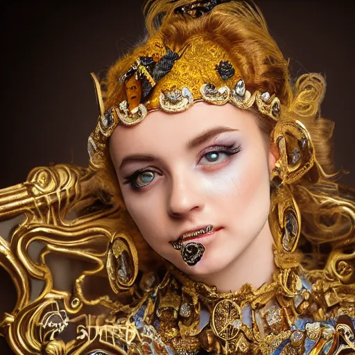 Image similar to a photo of a young female wearing wearable art, baroque, ornate, photorealistic, studio shoot, 8 k