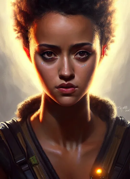 Prompt: portrait of apex legends nathalie emmanuel, intricate, elegant, glowing lights, highly detailed, digital painting, artstation, glamor pose, concept art, smooth, sharp focus, illustration, art by artgerm and greg rutkowski, artey freytag