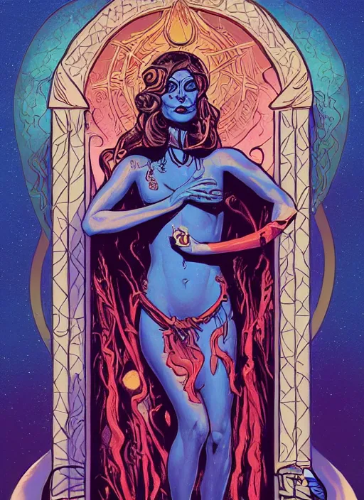Prompt: beautiful occult woman performing a ritual at an altar in the style of greg hildebrandt and fiona staples, tarot, moonlight, obsidian slime, cool colors