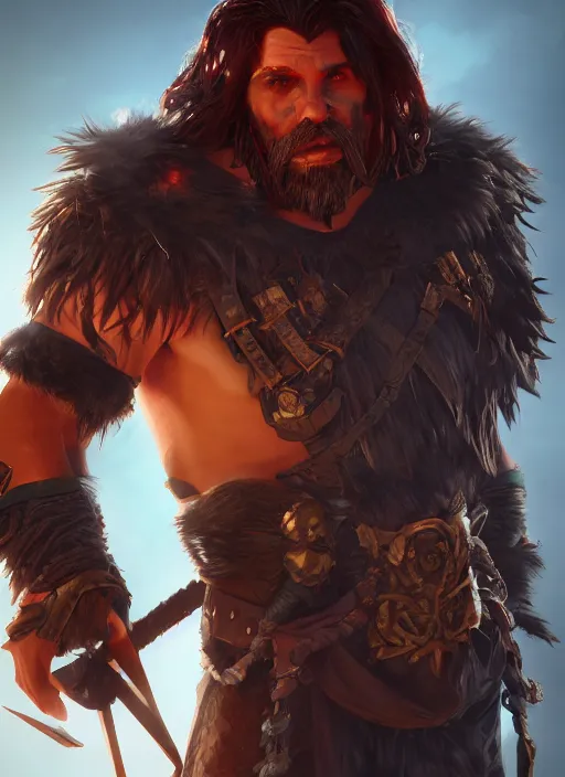 Image similar to A fantasy comic book style portrait painting of a grim barbarian warrior, unreal 5, DAZ, hyperrealistic, octane render, cosplay, RPG portrait, dynamic lighting