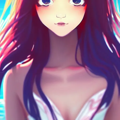 Prompt: a beautiful girl with long dark hair, on a beach, sunny, daytime, sharp focus, intricate, digital painting, artstation, official media, anime key visual, highly detailed, rich vivid colors, ambient lighting, illustration, art by Artgerm, Makoto Shinkai, Ilya Kuvshinov, Lois Van Baarle, and Rossdraws