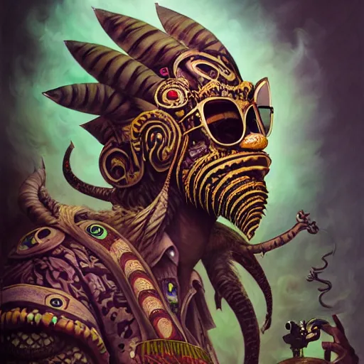 Prompt: side profile of barong family member with ray - ban sunglasses, wiwek, mara demon, one single tribe member, jungle, one single mask, dark, voodoo, witch doctor, snake, tribal, inner glow, paint by peter mohrbacher