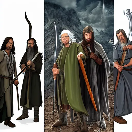 Image similar to gandalf, aragorn, legolas and gimli gta cover style