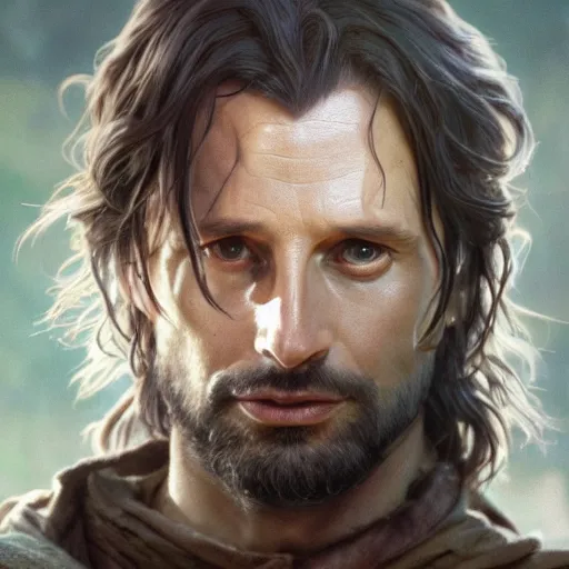 Image similar to a portrait of aragorn cinematic lighting, photorealistic, octane render, 8 k, depth of field, 3 d, art by artgerm and greg rutkowski and alphonse mucha and uang guangjian and gil elvgren and sachin ten