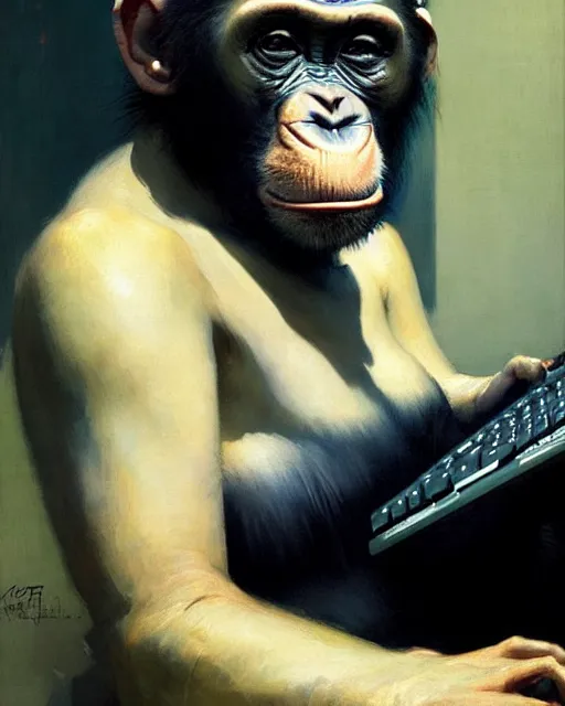 Image similar to cyberpunk augumented chimpanzee at the computer. art by greg rutkowski, gustave courbet, rosa bonheur, edward hopper. faithfully depicted facial expression, perfect anatomy, sharp focus, global illumination, radiant light, detailed and intricate environment, trending on artstation