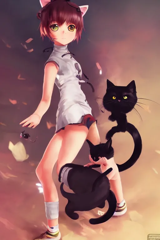 Prompt: anime girl with short hair and cat ears playing with a small black kitten, concept art, wlop, digital painting, trending on artstation, highly detailed, epic composition, official media, 8 k uhd