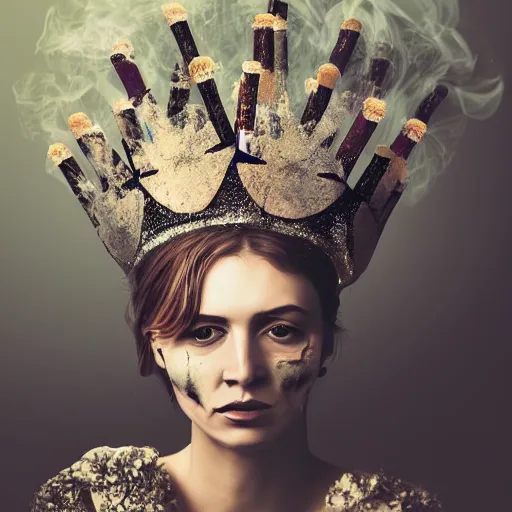 Image similar to full body potrait of a woman. woman is wearing a crown made of cigarettes. Woman is wearing a skull mask. Smoke effects forms question mark. Digital painting. Art station. Mood lighting. - h 1200