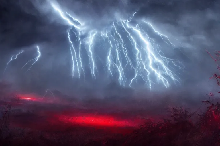 Image similar to photo of monstrous tornado, night, backlit, red sprites, hyperdetailed, artstation