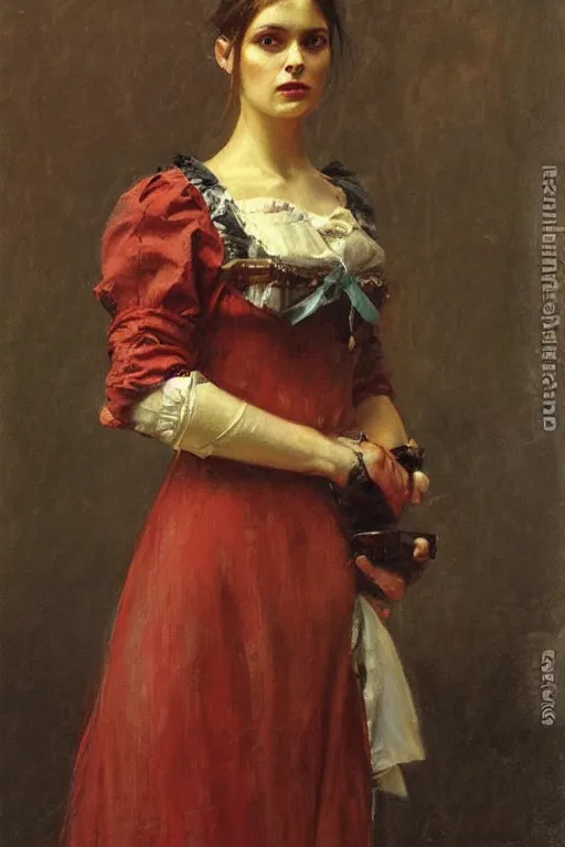 Image similar to Solomon Joseph Solomon and Richard Schmid and Jeremy Lipking victorian genre painting full length portrait painting of a young beautiful woman traditional german french barmaid in fantasy costume, red background