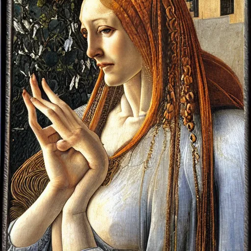 Image similar to intricate, lonely woman in street, detailed, by sandro botticelli, gaston bussiere, h. r. giger, masterpiece, sharp focus,