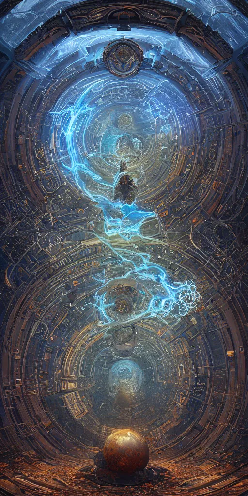 Image similar to a centered realistic render of a post apocalyptic portal surrounded by glowing fractals and ornate flowing light streams sacred geometry, high contrast, by beeple, by donato giancola, unreal engine