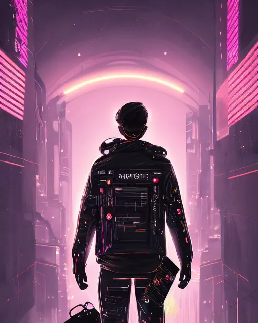 Image similar to detailed portrait neon guard man with short brown hair seen from the back, cyberpunk futuristic, reflective puffer jacket, black leggings, decorated with traditional ornaments in front of a dystopian crowd with piles of garbage perfect face, fine details, realistic shaded, fine - face, pretty face by rossdraws