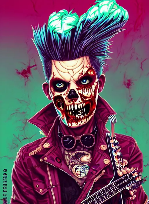 Prompt: a zombie punk rocker with a mohawk playing electric guitar, tristan eaton, victo ngai, artgerm, rhads, ross draws