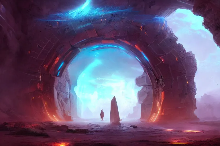 Image similar to ancient glowing epic portal to another dimension, cinematic, futuristic, gate, artstation, mattepainting