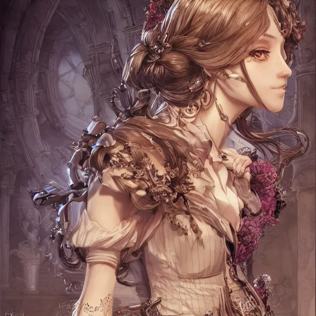 Prompt: the portrait of the lawful evil sorceress lawyer as an absurdly beautiful, graceful, elegant, sophisticated, anime idol, an ultrafine hyperdetailed illustration by kim jung gi, irakli nadar, intricate linework, bright colors, octopath traveler, final fantasy, unreal engine 5 highly rendered, global illumination, radiant light, detailed and intricate environment