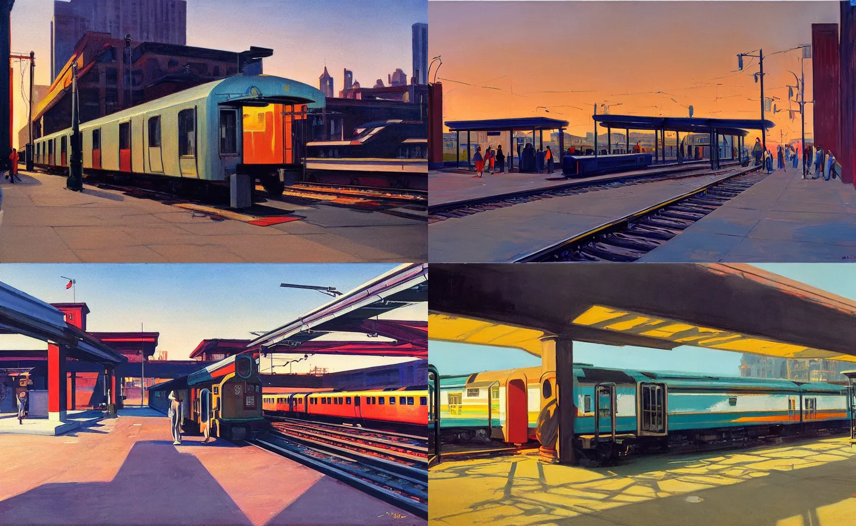 Prompt: sunrise at a graffitied city train station, painting by Syd Mead and Edward Hopper