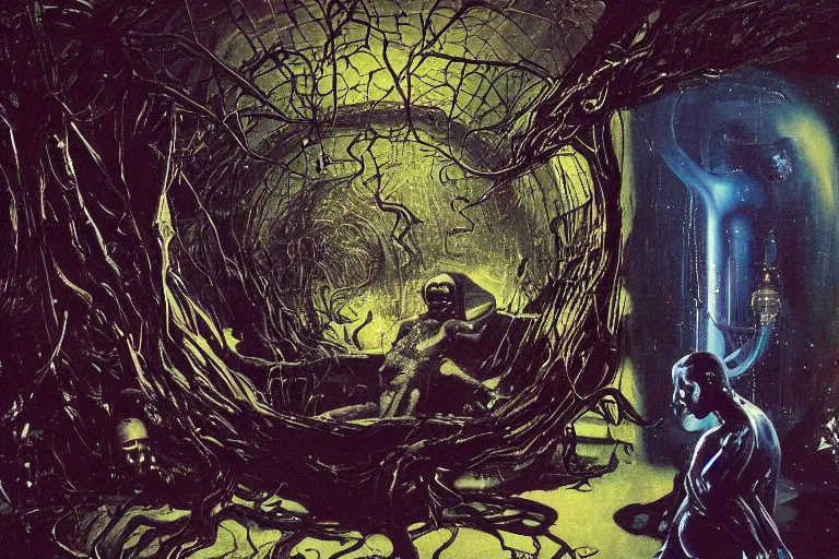 Image similar to one dark figure taming a supercomputer made of nervous system, channeling third eye energy, surrounded by a background of dark cyber mystic garden of earthly delights, midnight hour, painted part by wojciech siudmak, part by ilya repin, part by norman rockwell, part by hype williams, artstation