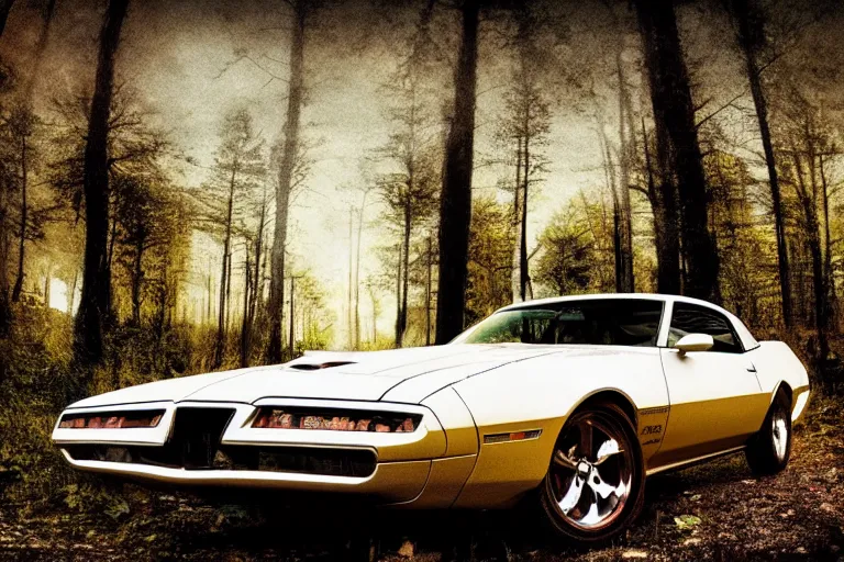 Image similar to pontiac firebird with grafitti tag on side, angelic wings attached to top of the roof, dramatic, cinematic, forest, volumetric lighting, wide shot, low angle