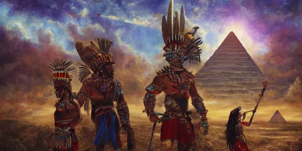 Image similar to simonetti rutkowski epic painting aztec warrior watching spaceship starship in the sky, background is mesoamerican pyramid