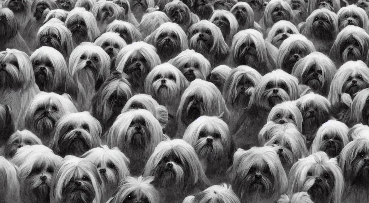 Prompt: A Herd of Shih Tzu Invade, An Lovecraftian Alien Planet