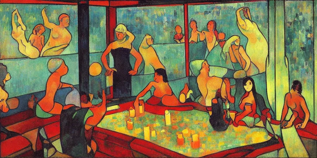 Prompt: a party at midnight, modern indoors, bay area, candles, hot tub, friendship, hope, art by paul gaugin