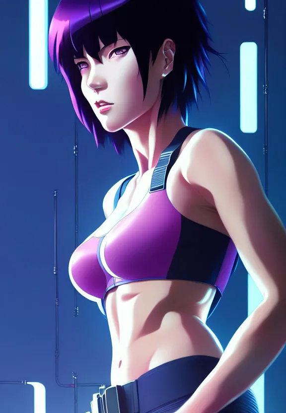 Image similar to a fullbody portrait of motoko kusanagi the major ghost in the shell : : connected to cables, under repairs, maintenance area, technicians : : by ilya kuvshinov, rossdraws, artgerm, sola digital arts, anti aliasing, raytracing : :