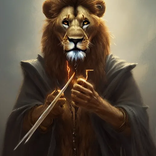 Image similar to an anthropomorphic half lion half human mage holding a wand,wizard,fantasy art,digital art,art by greg rutkowski,realiatic,photorealistic,hyperdetailed,detailed face,professional lighting,mysterious