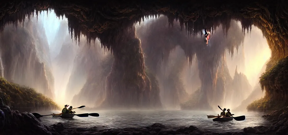 Image similar to video game concept art matte painting of elves canoeing underground through the glow worm caves in the style of stefan kostic, realistic, sharp focus, 8 k high definition, insanely detailed, intricate, mysterious, art by stanley lau and artgerm and luis royo