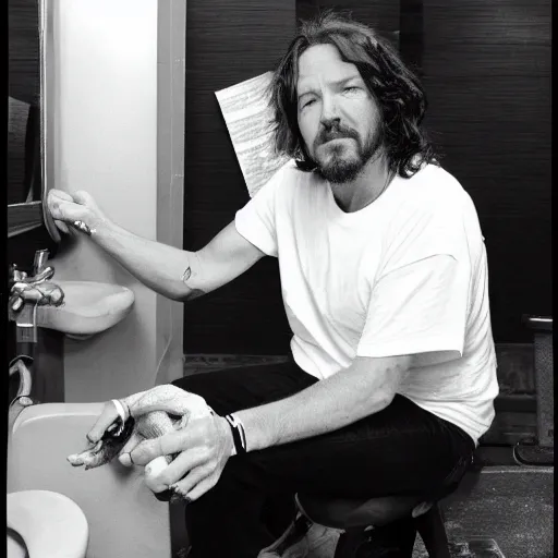 Prompt: eddie vedder from pearl jam taking a poop