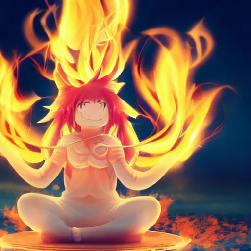 Image similar to fluffy popcorn anime character with a smiling face and flames for hair, sitting on a lotus flower, clean composition, symmetrical