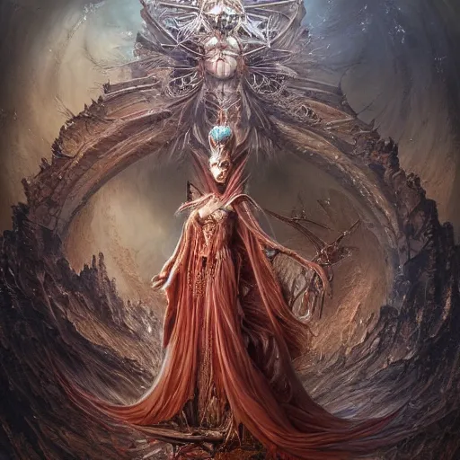 Prompt: a beautiful detailed 3d matte painting of female empress of the dead, by ellen jewett, tomasz alen kopera and Justin Gerard, symmetrical features, ominous, magical realism, texture, intricate, ornate, royally decorated, skull, skeleton, whirling smoke, embers, red adornements, red torn fabric, radiant colors, fantasy, trending on artstation, volumetric lighting, micro details, 3d sculpture, ray tracing, 8k