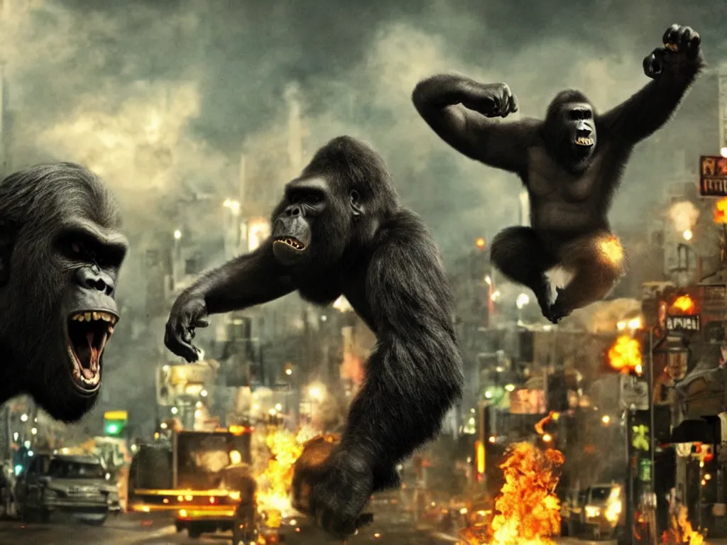 Image similar to An king Kong rage on street, Hollywood scene , cinematic , 2012, end of the world movie , full color