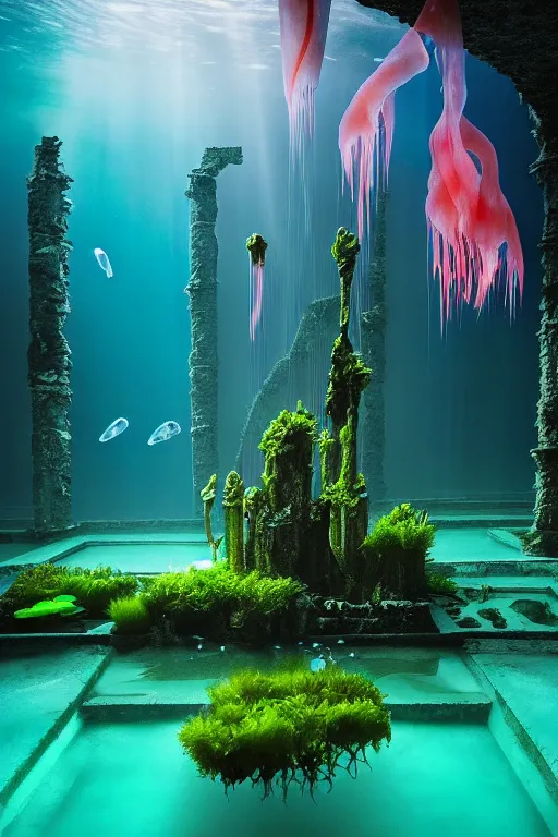 Prompt: high quality photo of cinematic underwater dystopian neo - gothic cathedral ruins with giant luminescent colorful aquatic plants and jellyfish, digital art masterpiece, aykut aydogdu eric zener, dramatic volumetric light, extreme long shot, ground angle uhd 8 k, sharp focus