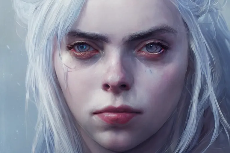 Image similar to A portrait of Billie Eilish as Ciri from the Witcher Game by Ruan Jia and Mandy Jurgens and Artgerm and william-adolphe bouguerea, highly detailed, trending on artstation, award winning, H 768