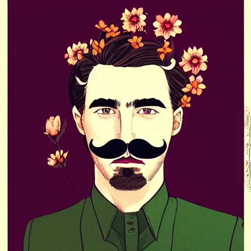 Image similar to a man with a moustache standing in front of flowers, a character portrait by jack smith, tumblr contest winner, aestheticism, masculine, aesthetic, ilya kuvshinov