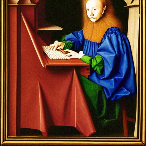 Image similar to a portrait of a person jacked into their cyberdeck by Jan van Eyck