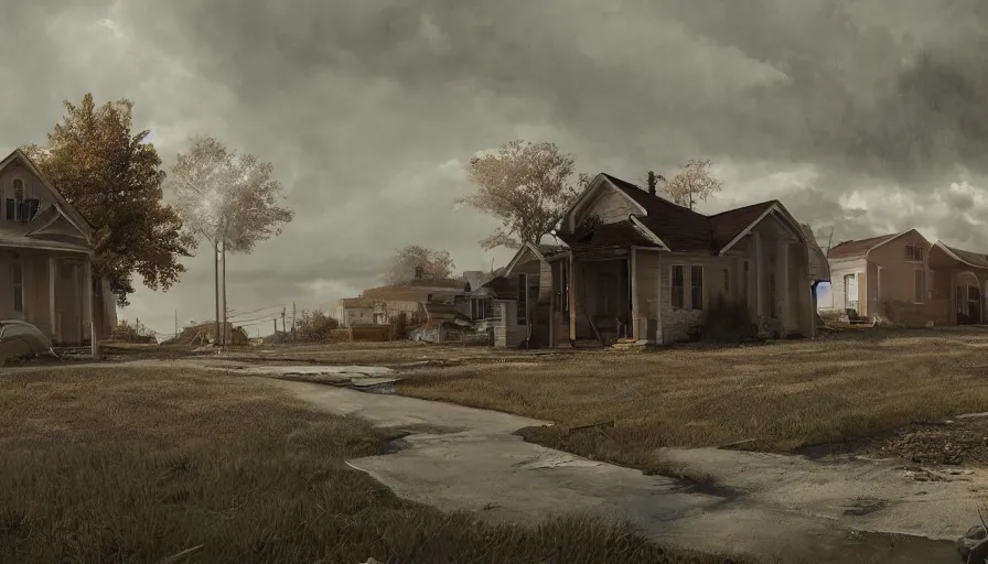 Image similar to midwest city's low - rise neighborhood, abandoned house, people, cloudy day, volumetric light, hyperdetailed, artstation, cgsociety, 8 k