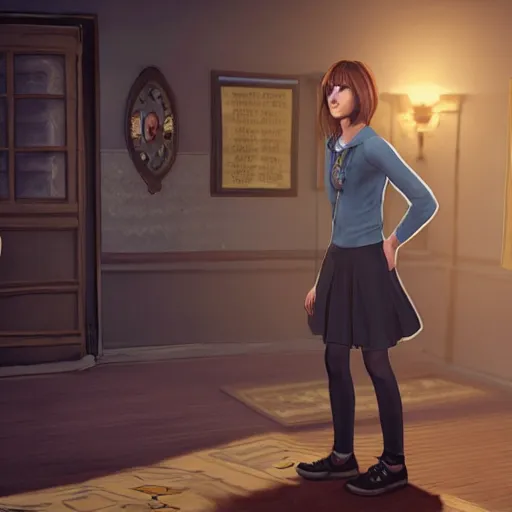 Prompt: A portrait photo of Max Caulfield, from Life is Strange, on the Ravenclaw common room in Hogwarts. in game capture