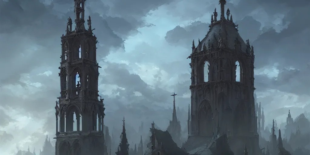 Image similar to gothic bell tower, view from above. in style of greg rutkowski, jesper ejsing, makoto shinkai, trending on artstation, fantasy, great composition, concept art, highly detailed, scenery, 8 k, behance.