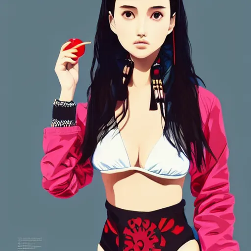 Image similar to a beautiful young japanese natalie portman alluring gravure model, stylized concept art, wearing elegant designer bomber jacket and one piece bikini, bomber jacket with mesoamerican patterns, mesoamerican native street fashion, princess mononoke, painted by ilya kuvshinov aesthetic, gorgeous, stunning, alluring, attractive, artstation, pinterest, digital art