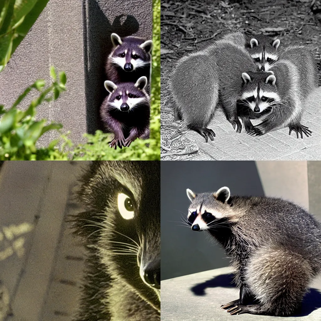 Prompt: raccoons discovering the black rectangle monolith structure in 2001 A Space Odyssey