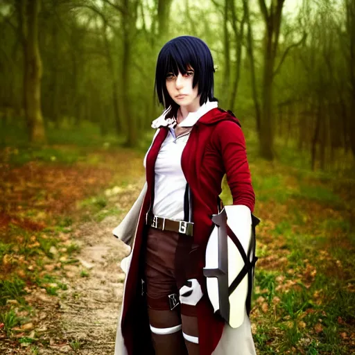 Prompt: ( cosplay ) photo of european model cosplaying mikasa ackerman from attack on titan, cinematic colors, high detail, by bleda elsa