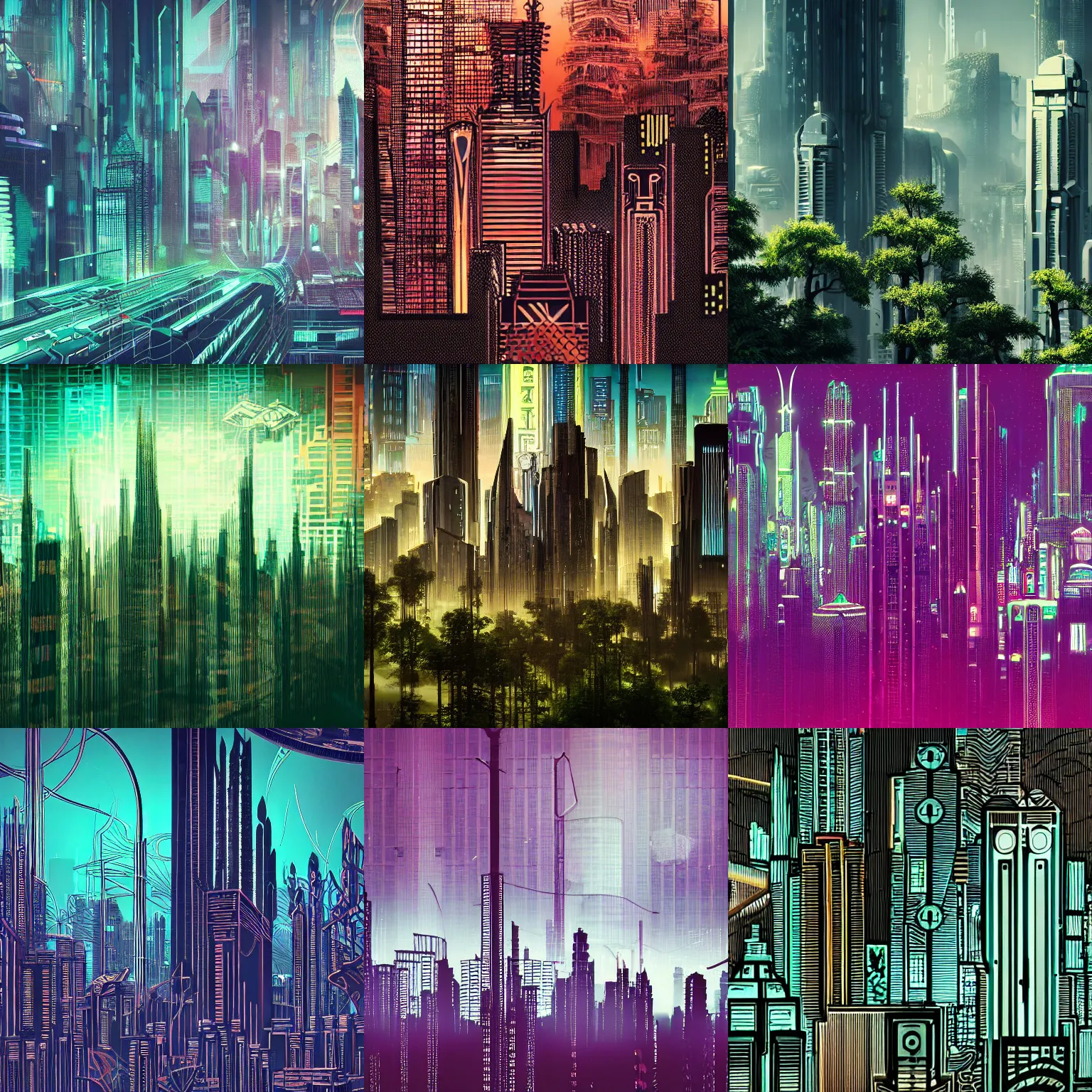 Prompt: detailed photo of a cyberpunk Art Deco skyline with a forest