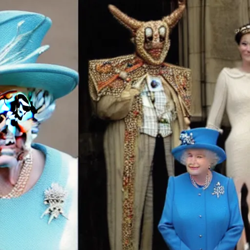 Prompt: queen elizabeth the second meeting an alien with three eyes at windsor castle, photos released by the sun uk