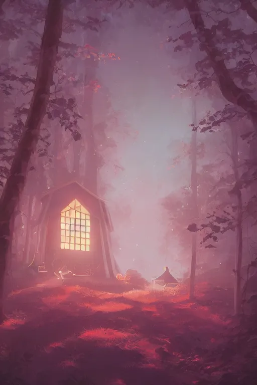 Prompt: the house in the forest, dark night, leaves in the air, fluorescent mushrooms, animals, gibli, atey ghailan, lois van baarle, jesper ejsing, ernst haeckel, exquisite lighting, clear focus, very coherent, very detailed, contrast, vibrant, digital painting